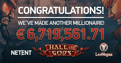 LEOVEGAS PLAYER WINS €6.7M JACKPOT PLAYING HALL OF GODS ON MOBILE